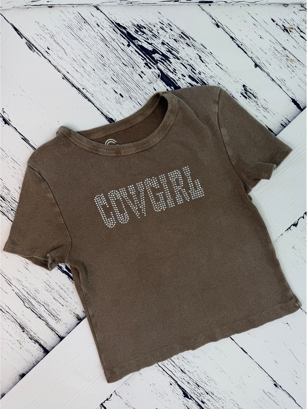 Y2K Social Culture Cowgirl Studded Babydoll Ribbed Western Crop Tee Women’s M